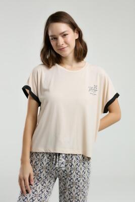 Pierre Cardin Kadın Açık Bej Pijama Takım, Kısakol, Yuvarlak Yaka, Cep Detaylı - 4