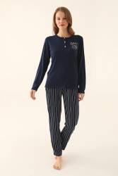 Pierre Cardin Kadın Alt Lacivert Çizgili Pijama Takım, Büyük Beden Kadın Pijama Takım - Thumbnail