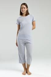 Pierre Cardin Kadın Büyük Beden Kapri Takım, Çizgili ve Cepli Kapri, Düğmeli Kısakol T-shirt - Thumbnail