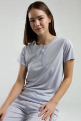 Pierre Cardin Kadın Büyük Beden Kapri Takım, Çizgili ve Cepli Kapri, Düğmeli Kısakol T-shirt - Thumbnail