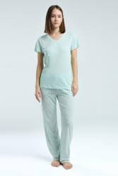 Pierre Cardin Kadın Büyük Beden V Yaka Yazlık Pijama Takım, Viskon Kumaş, Cep Detaylı - Thumbnail