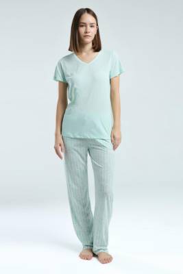 Pierre Cardin - Pierre Cardin Kadın Büyük Beden V Yaka Yazlık Pijama Takım, Viskon Kumaş, Cep Detaylı