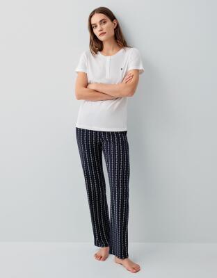 Pierre Cardin Kadın Düğmeli Kısa Kollu Uzun Pijama Takımı %50 Pamuk %50 Modal – Çizgili Alt, Rahat Kesim - 2