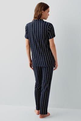 Pierre Cardin Kadın Düğmeli Kısa Kollu Kutulu Pijama Takımı – %50 Pamuk %50 Modal, Çizgili Desen - 3