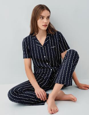 Pierre Cardin Kadın Düğmeli Kısa Kollu Kutulu Pijama Takımı – %50 Pamuk %50 Modal, Çizgili Desen - 1