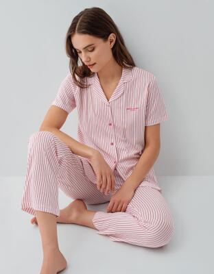 Pierre Cardin Kadın Çizgili Düğmeli Kısa Kollu Kutulu Pijama Takımı – %50 Pamuk %50 Modal,  Cep Detaylı - 1