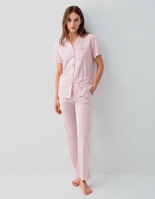 Pierre Cardin Kadın Çizgili Düğmeli Kısa Kollu Kutulu Pijama Takımı – %50 Pamuk %50 Modal,  Cep Detaylı - 2