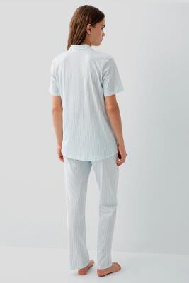 Pierre Cardin Kadın Çizgili Düğmeli Kısa Kollu Kutulu Pijama Takımı – %50 Pamuk %50 Modal,  Cep Detaylı - 8