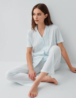 Pierre Cardin Kadın Çizgili Düğmeli Kısa Kollu Kutulu Pijama Takımı – %50 Pamuk %50 Modal,  Cep Detaylı - 5