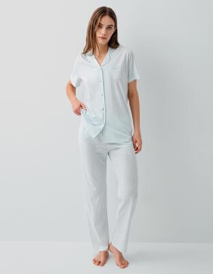 Pierre Cardin Kadın Çizgili Düğmeli Kısa Kollu Kutulu Pijama Takımı – %50 Pamuk %50 Modal,  Cep Detaylı - 6