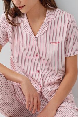 Pierre Cardin Kadın Çizgili Düğmeli Kısa Kollu Kutulu Pijama Takımı – %50 Pamuk %50 Modal, Cep Detaylı - 3