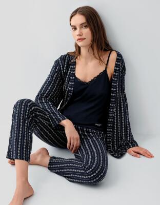 Pierre Cardin Kadın Düğmeli Kısa Kollu Kutulu Pijama Takımı – %50 Pamuk %50 Modal, Çizgili Desen - 6