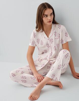 Pierre Cardin Kadın Düğmeli Kısa Kollu Kutulu Pijama Takımı %50 Pamuk %50 Modal – Tam Kalıp, Alt Cepli Üst Düğmeli - 5