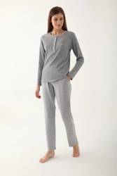 Pierre Cardin Kadın Gri Pijama Takımı, Yakası Düğmeli, Kışlık, Marka Logosu Nakışlı - Thumbnail