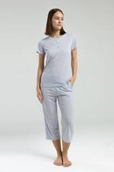 Pierre Cardin Kadın Kapri Takım, Çizgili ve Cepli Kapri, Düğmeli Kısakol T-shirt - Thumbnail