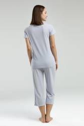 Pierre Cardin Kadın Kapri Takım, Çizgili ve Cepli Kapri, Düğmeli Kısakol T-shirt - Thumbnail