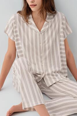 Pierre Cardin Kutulu Kadın Kısa Kollu Baskılı Pijama Takımı – %50 Pamuk %50 Modal, Çizgili Cepli Alt - 2