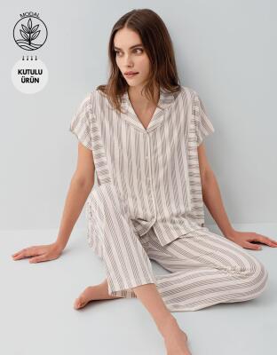 Pierre Cardin Kutulu Kadın Kısa Kollu Baskılı Pijama Takımı – %50 Pamuk %50 Modal, Çizgili Cepli Alt - 4
