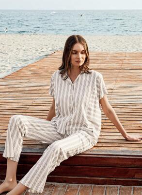 Pierre Cardin Kutulu Kadın Kısa Kollu Baskılı Pijama Takımı – %50 Pamuk %50 Modal, Çizgili Cepli Alt - 5