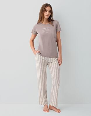 Pierre Cardin Kadın Kısa Kollu Baskılı Pijama Takımı – %50 Pamuk %50 Modal, Çizgili Cepli Alt - 2