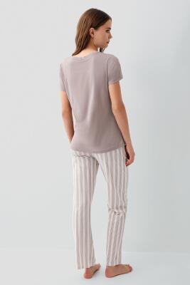 Pierre Cardin Kadın Kısa Kollu Baskılı Pijama Takımı – %50 Pamuk %50 Modal, Çizgili Cepli Alt - 4