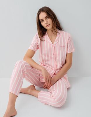 Pierre Cardin Kadın Kısa Kollu Düğmeli Kutulu Pijama Takımı – %50 Modal %50 Pamuk, Çizgili Uzun Alt - 8