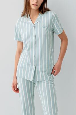Pierre Cardin Kadın Kısa Kollu Düğmeli Kutulu Pijama Takımı – %50 Modal %50 Pamuk, Çizgili Uzun Alt - 2