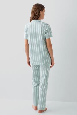 Pierre Cardin Kadın Kısa Kollu Düğmeli Kutulu Pijama Takımı – %50 Modal %50 Pamuk, Çizgili Uzun Alt - 3