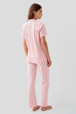 Pierre Cardin Kadın Kısa Kollu Düğmeli Kutulu Pijama Takımı – %50 Modal %50 Pamuk, Çizgili Uzun Alt - 7