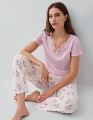 Pierre Cardin Kadın Kısa Kollu Pijama Takımı %50 Pamuk %50 Modal – Desenli Cepli Pijama Altı, Tam Kalıp - 5