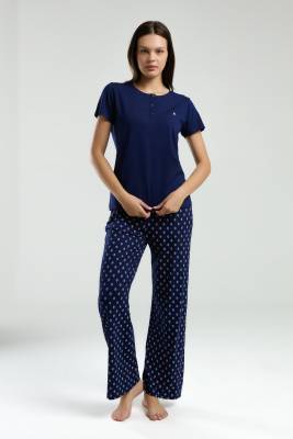Pierre Cardin - Pierre Cardin Kadın Kısakol, Bisiklet Yakası Düğmeli, Bol Paça Cepli Pijama Takım, Viskon Süprem Kumaş (1)
