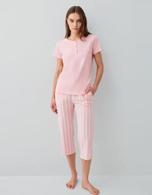 Pierre Cardin Kadın Kısa Kollu Kapri Pijama Takımı – %50 Modal %50 Pamuk, Çizgili Alt, Düğmeli Üst - 6