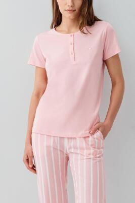 Pierre Cardin Kadın Kısa Kollu Kapri Pijama Takımı – %50 Modal %50 Pamuk, Çizgili Alt, Düğmeli Üst - 7