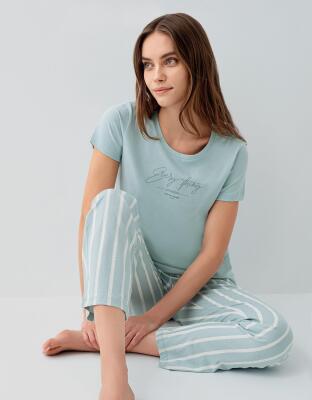 Pierre Cardin Kadın Kısa Kollu Pijama Takımı – %50 Modal %50 Pamuk, Çizgili Uzun Alt, Rahat Kalıp - 9