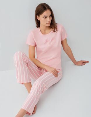 Pierre Cardin Kadın Kısa Kollu Pijama Takımı – %50 Modal %50 Pamuk, Çizgili Uzun Alt, Rahat Kalıp - 10