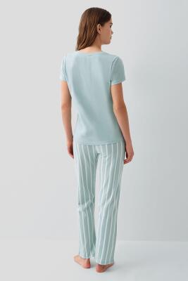 Pierre Cardin Kadın Kısa Kollu Pijama Takımı – %50 Modal %50 Pamuk, Çizgili Uzun Alt, Rahat Kalıp - 4