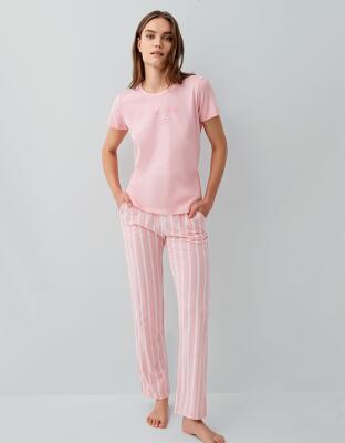 Pierre Cardin Kadın Kısa Kollu Pijama Takımı – %50 Modal %50 Pamuk, Çizgili Uzun Alt, Rahat Kalıp - 6