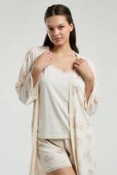 Pierre Cardin Kadın Krem 3'lü Takım, Atlet Şort Sabahlık - Thumbnail