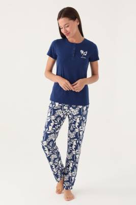 Pierre Cardin Kadın Lacivert Cepli Pijama Takım, %100 Pamuk, Büyük Beden Kadın Pijama Takım - 4