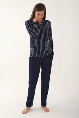 Pierre Cardin - Pierre Cardin Kadın Lacivert Çizgili Pijama Takım, Büyük Beden Kadın Pijama Takım