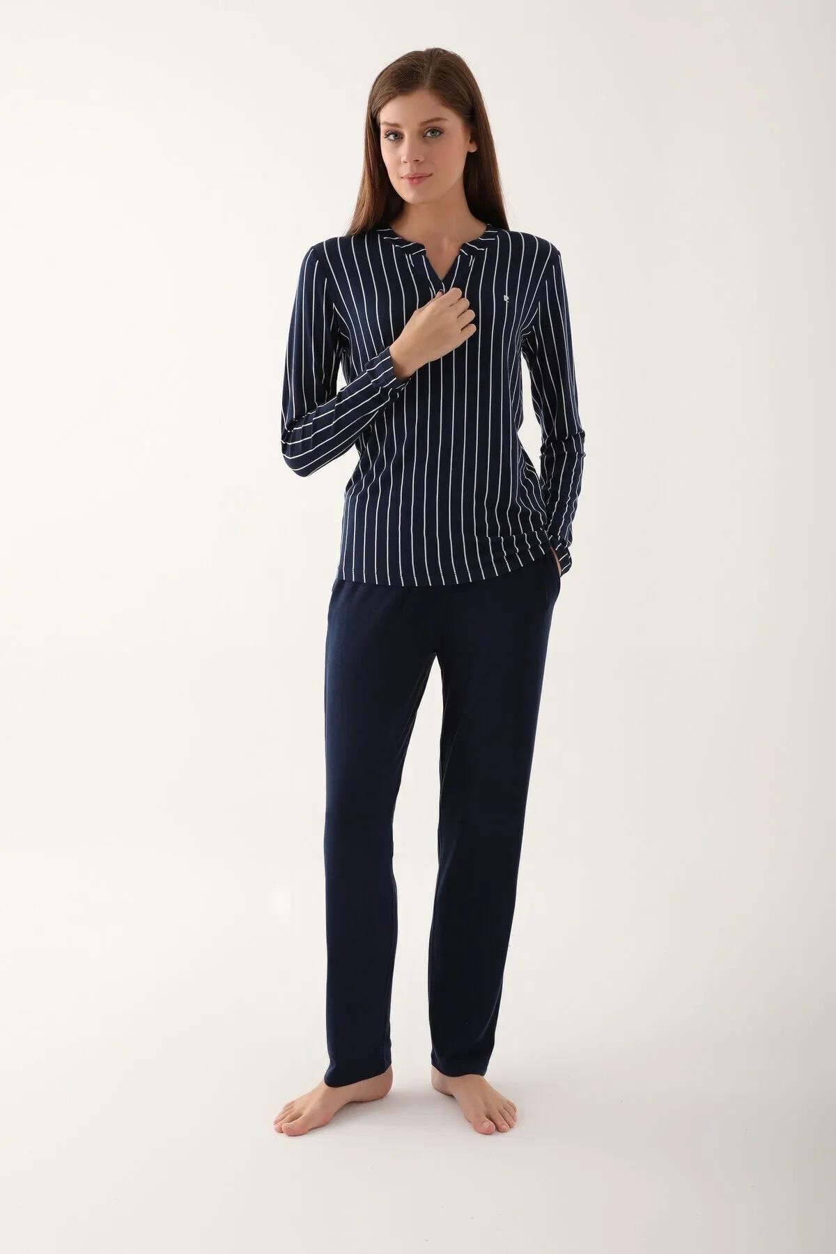 Pierre Cardin Kadın Lacivert Çizgili Pijama Takım, Büyük Beden Kadın Pijama Takım
