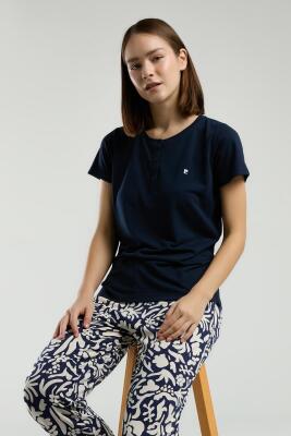Pierre Cardin Kadın Lacivert Pijama Takım, Kısakol, Yuvarlak Düğmeli Yaka, Cep Detaylı - 1