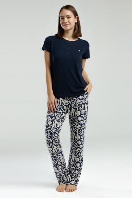 Pierre Cardin Kadın Lacivert Pijama Takım, Kısakol, Yuvarlak Düğmeli Yaka, Cep Detaylı - 2