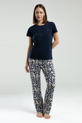 Pierre Cardin Kadın Lacivert Pijama Takım, Kısakol, Yuvarlak Düğmeli Yaka, Cep Detaylı - 3