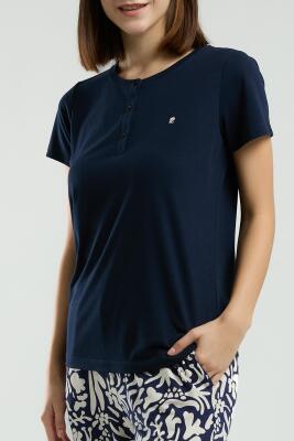 Pierre Cardin Kadın Lacivert Pijama Takım, Kısakol, Yuvarlak Düğmeli Yaka, Cep Detaylı - 4