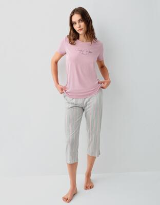 Pierre Cardin Kadın Modal Pamuk Kapri Pijama Takımı – Kısa Kollu Üst Çizgili Kapri Alt Cepli Rahat Ev Giyim - 6