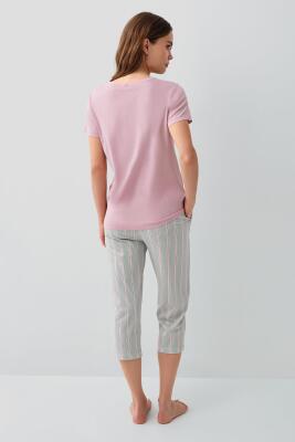 Pierre Cardin Kadın Modal Pamuk Kapri Pijama Takımı – Kısa Kollu Üst Çizgili Kapri Alt Cepli Rahat Ev Giyim - 8