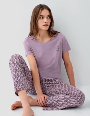 Pierre Cardin Kadın Pamuk Modal Pijama Takımı – Kısa Kollu Tişört ve Desenli Uzun Alt Rahat Kesim, Cep Detaylı - 1