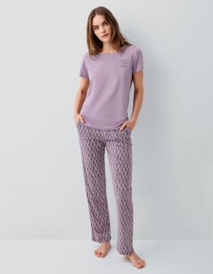 Pierre Cardin Kadın Pamuk Modal Pijama Takımı – Kısa Kollu Tişört ve Desenli Uzun Alt Rahat Kesim, Cep Detaylı - 2