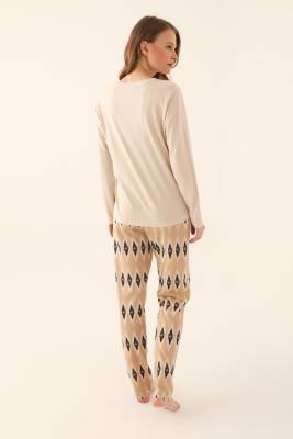 Pierre Cardin - Pierre Cardin Kadın Pijama Takım, Üst Uzunkol Düz Renk, Alt Desenli, Mevsimlik Pijama Takım (1)